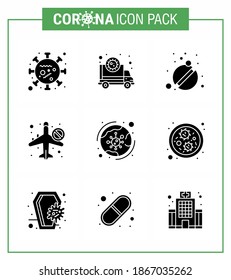 Covid-19 icon set for infographic 9 Solid Glyph Black pack such as  not allow; travel; transmission; infrared; tablets viral coronavirus 2019-nov disease Vector Design Elements