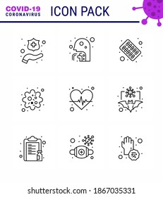 Covid-19 icon set for infographic 9 Line pack such as  heart; virus; capsule; patogen; infection viral coronavirus 2019-nov disease Vector Design Elements