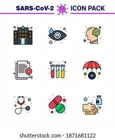 Covid-19 icon set for infographic 9 Filled Line Flat Color pack such as experiment; medical; flu; insurance; health viral coronavirus 2019-nov disease Vector Design Elements