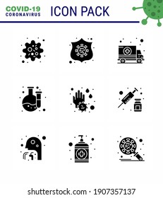 Covid-19 icon set for infographic 9 Solid Glyph Black pack such as  wash; hand; ambulance; laboratory; chemical viral coronavirus 2019-nov disease Vector Design Elements