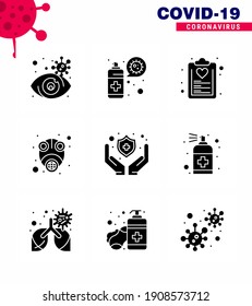 Covid-19 icon set for infographic 9 Solid Glyph Black pack such as  virus; mask; check list; gas; plan viral coronavirus 2019-nov disease Vector Design Elements