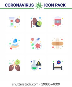 Covid-19 icon set for infographic 9 Flat Color pack such as  drug; medical; virus; hands; health care viral coronavirus 2019-nov disease Vector Design Elements