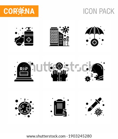 Covid-19 icon set for infographic 9 Solid Glyph Black pack such as  hands; mortality; safety; grave; medical viral coronavirus 2019-nov disease Vector Design Elements