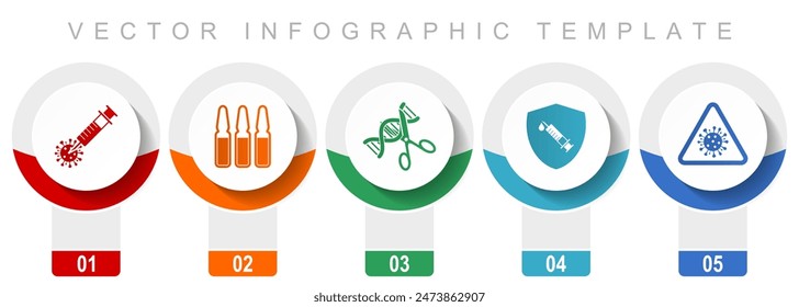 Covid-19 icon set, miscellaneous vector icons such as vaccine, ampule, dna, shield and flu, modern design infographic template, web buttons in 5 color options