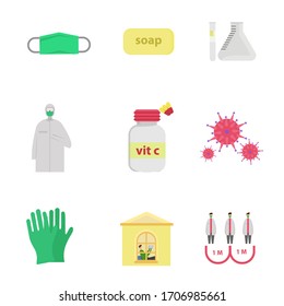 Covid-19 icon set vector consists of facemask, soap, laboratory glassware, hazmat suit, vitamin C, virus, gloves, self-quarantine and social distancing