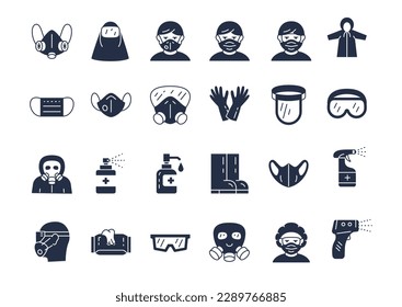 Covid19 icons black set. Collection of graphic elements for website. Masks, respirators and gloves. Disinfection and prevention. Cartoon flat vector illustrations isolated on white background