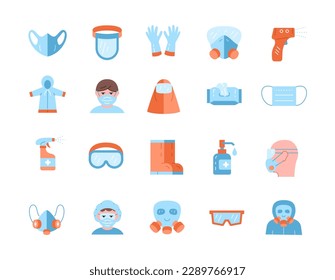 Covid19 icons color set. Mask and goggles, respirator to protect respiratory tract from viruses and diseases. Coronavirus and pandemic. Cartoon flat vector illustrations isolated on white background