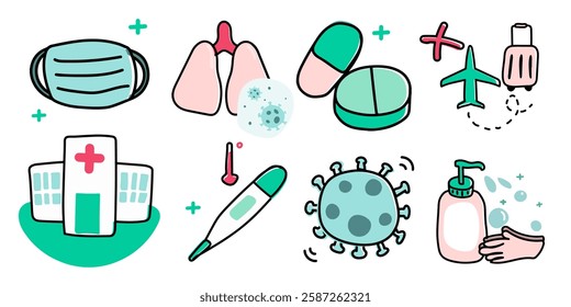 COVID-19 icons: virus, handwashing, mask, thermometer, social distancing, pills, hospital, lungs, soup, travel restrictions, hygiene essentials. Doodle healthcare illustrations, isolated vector set.