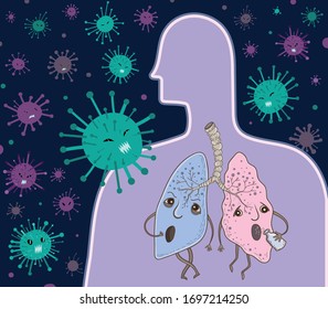 Covid-19. Illustration of frightened lungs and aggressive viruses. Cartoon style. Vector illustration.