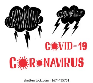 Covid-19 illustration with speech cloud, lightning, hand written text.
