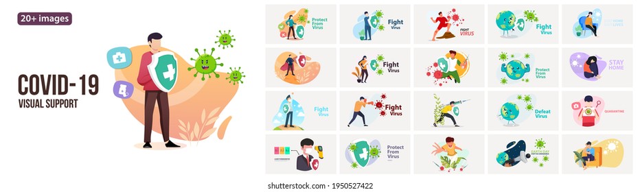 COVID-19 illustrations. Mega set. Collection of scenes with Fight Virus, Social Distancing, Vaccine Coronavirus, Stay Home, and Quarantine .Trendy vector style