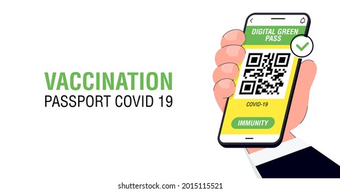 Covid-19 immune passport app. International Digital vaccine certificate for free movement and travel. Smartphone with Qr code test result in hand