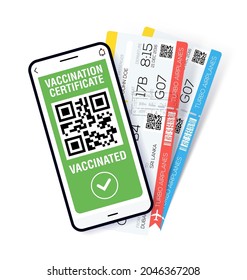 Covid-19 immune passport app. International Digital vaccine certificate for free movement and travel. Smartphone with Qr code test result and boarding tickets. 