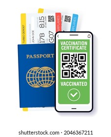 Covid-19 immune passport app. International Digital vaccine certificate for free movement and travel. Smartphone with Qr code test result, passport and boarding tickets.