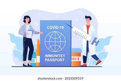 COVID-19 immunity passport, vaccination certificate. International passport. Male doctor carry syringe to vaccinate female tourist. Flat cartoon vector concept design isolated on white background