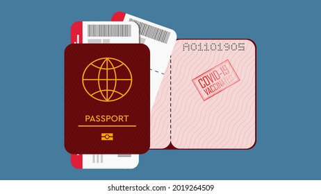 Covid-19 immunity passport. Vaccine passport with Covid-19 vaccinated stamp. Flight tickets and passport on blue background. Travel requirement for Covid-19 in new normal. Immunity passport.