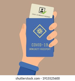 Covid-19 immunity passport vector flat illustration. Hand holding passport with mark of vaccination and immunity from Coronavirus. Document for traveling around the world after Coronavirus outbreak.