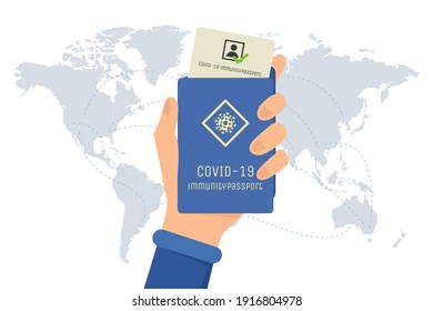 Covid-19 immunity passport vector flat illustration. Hand holding passport with mark of immunity from Coronavirus. Document allowing to travel around the world after global pandemic of Coronavirus.