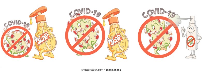 COVID-19 infection cell with red warning sign. Stop coronavirus spreading concept. Cute cartoon character of 2019-nCoV novel virus from Wuhan, China. Corona virus prohibited sign. Vector illustration