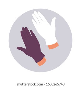 Covid19 infection, hand wearing medical gloves. Isolated icon of means of individual protection. Palm in rubber material used in pandemic situations. Preventive measures, vector in flat style