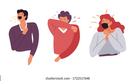 Covid19 infection preventive causes, people wearing masks, sneezing and coughing. Personages conscientious of gravity of illness, infection spreading. Symptoms of disease, vector in flat style