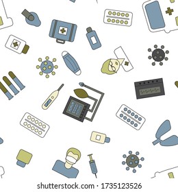 COVID-19 infection seamless pattern background. Corona virus pandemic signs vector illustration.