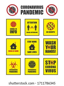 Covid-19 info sign collection. Coronavirus vector icon set. Social distancing, avoid crowds and stop corona virus campaign. Stay and work at home logo. biohazard symbol. Pandemic information poster.