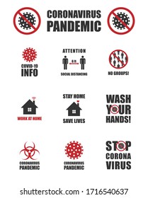 Covid-19 info sign collection. Coronavirus vector icon symbol set. Social distancing, avoid crowds and stop corona virus campaign. Stay and work at home logo. Sars pandemic information poster.