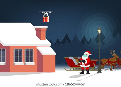 COVID-19 infographic of cute Christmas character, Santa Claus wear surgical mask controlling the drone to send a present gift for children and keep social physical distance. Corona virus protection.