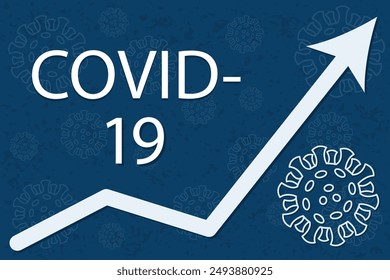 COVID-19 inscription. The arrow shows a dramatic increase in disease. White text on dark blue background with images of coronavirus. Illustration for a news story about covid and its new strains.