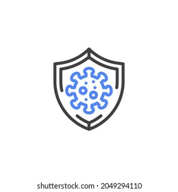 Covid-19 insurance line icon. linear style sign for mobile concept and web design. Shield with coronavirus outline vector icon. Symbol, logo illustration. Vector graphics