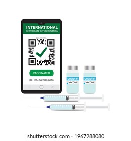 Covid-19 International Certificate of Vaccination on smartphone vector, 2 complete vaccine doses and injections. 2 doses of vaccine needed to complete the immunization to allow travel