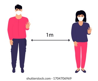 COVID-19. Keep distance. Man and woman are in coronovirus epidemic protective equipment. Preventive measures. Steps to protect yourself.