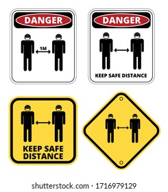 Covid-19 Keep Safe Distance warning sign. Danger of coronavirus, caution poster. Disease prevention safety sign vector set