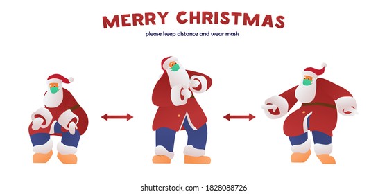 COVID-19 Keep Social Distance Merry Christmas Banner With Dancing Santa Claus In Protective Mask. Vector Illustration.