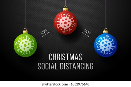 COVID-19 Keep Social Distance Merry Christmas Banner With realistic tree ball. Vector Illustration.