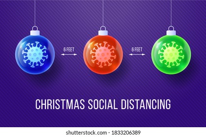 COVID-19 Keep Social Distance Merry Christmas Banner With Realistic Tree Ball. Vector Illustration.