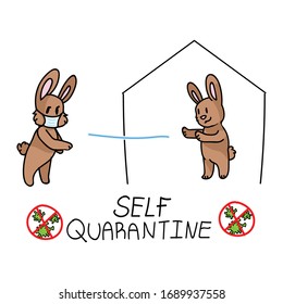 Covid-19 kids cartoon self quarantine infographic. Viral flu help.  Cute bunny Educational graphic for social distancing. Friendly icon for young children. safety caution awareness, Vector. 