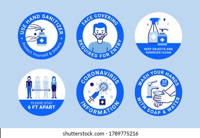 COVID-19 labels. Modern signs about protection, social distancing, wearing face covering, washing hands, using sanitizer, keeping surfaces clean, working from home and stop coronavirus