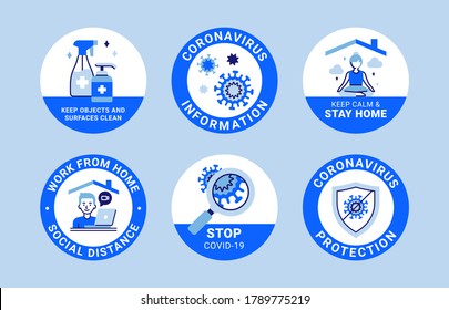 COVID-19 labels. Modern signs about protection, social distancing, wearing face covering, washing hands, using sanitizer, keeping surfaces clean, working from home and stop coronavirus