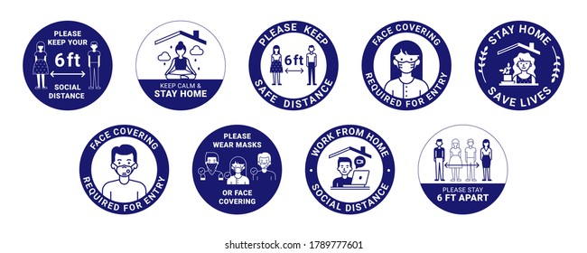 COVID-19 labels. Modern signs about protection, social distancing, wearing face covering, washing hands, using sanitizer, keeping surfaces clean, working from home and stop coronavirus