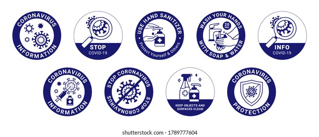 COVID-19 labels. Modern signs about protection, social distancing, wearing face covering, washing hands, using sanitizer, keeping surfaces clean, working from home and stop coronavirus