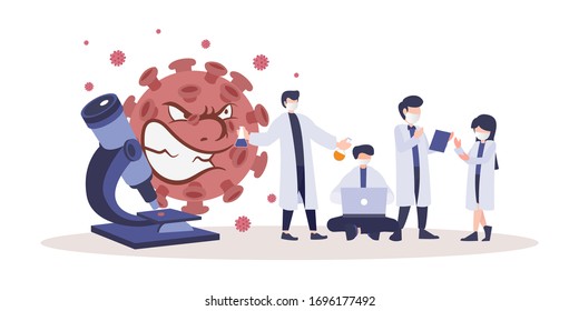 Covid-19 laboratory research. Group of young scientist talking about vaccine of novel Coronavirus 2019-nCoV. Man and woman discussion and researching about monster virus outbreak. Flat illustration.