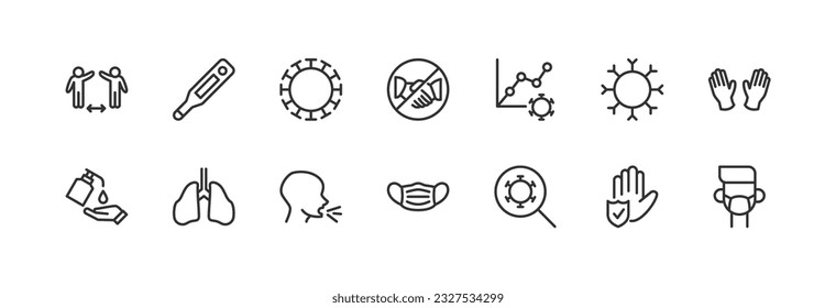 conjunto de iconos de línea covid-19 con trazo editable. Colección de esquema de objetos vectoriales. Paquete de iconos premium