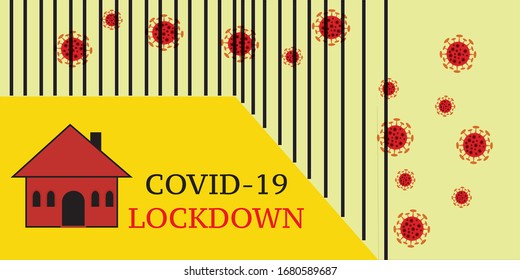 COVID-19 Lockdown Quarantine  with Coronavirus icon logo vector Illustration. Coronavirus in home isolation lockdown.  Healthcare and medical concept background.
