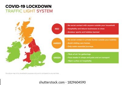 Covid-19 Lockdown Traffic Light System UK. New Three Tier Traffic-Light Social Distancing Lockdown System Explained Infographic Vector Sign With UK Map Icon For Coronavirus Covid Pandemic Prevention 