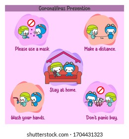 Covid-19 mascot : Please use a mask, make a distance, stay at home, wash your hands, don't panic buy. CoronaVirus prevention. Against the virus outbreak.
