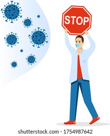 COVID-19. A masked man holds a banner stop coronavirus, protecting himself from viruses flying at him. Vector illustration.