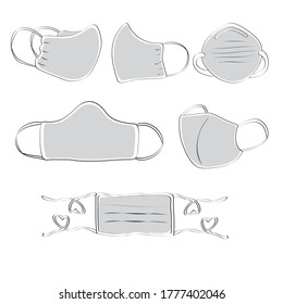 Covid19 Masks Icon Set in Gray on White Background. Clip art for embellishing cards, newsletters, scrapbooking.