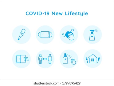 covid-19 measures new lifestyle icon set